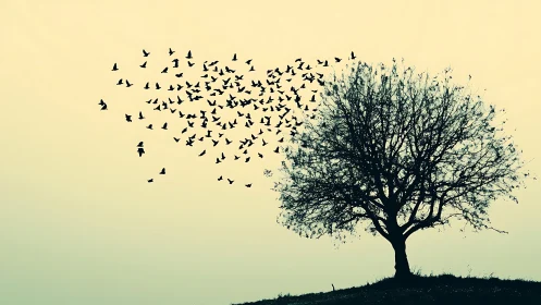 Bare tree silhouette with flock of birds leaving at dusk.