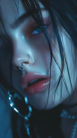 Neon-lit cyber-noir portrait renders wet skin and metal