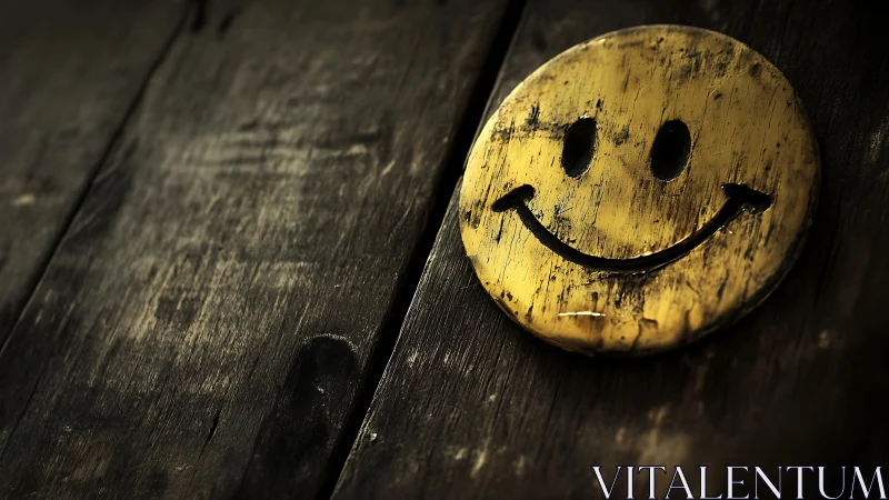Weathered yellow smiley face brightens dark wood grain