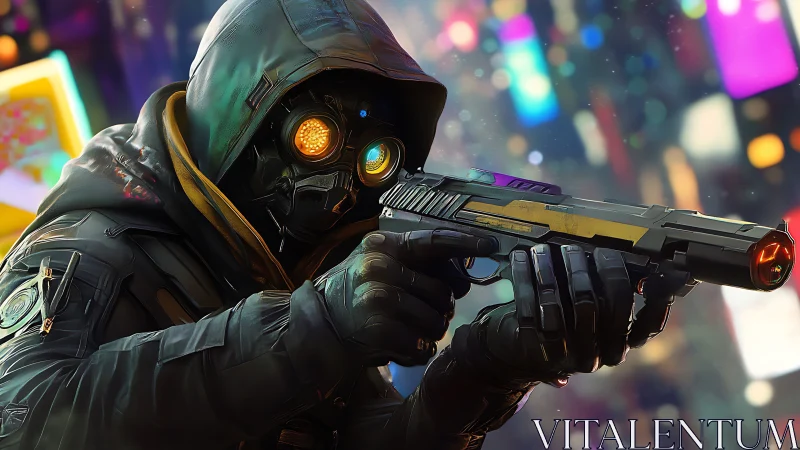 Neon city vigilante steadies a glowing pistol in the night