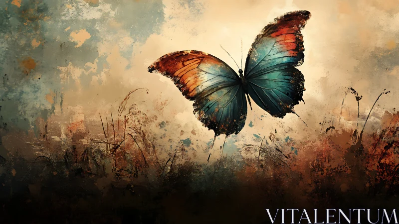 Butterfly with blue and orange wings over abstract field.