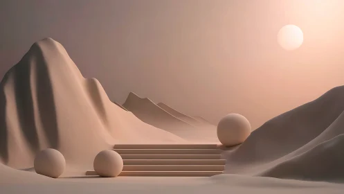 Soft desert orbs quietly orbit a stairway to nowhere