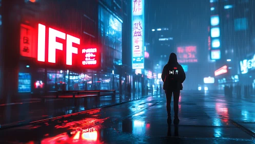 Cyberpunk loner walks through neon city in heavy rain.