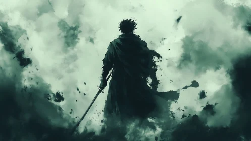 Backlit swordsman silhouette dissolves into turbulent monochrome mist