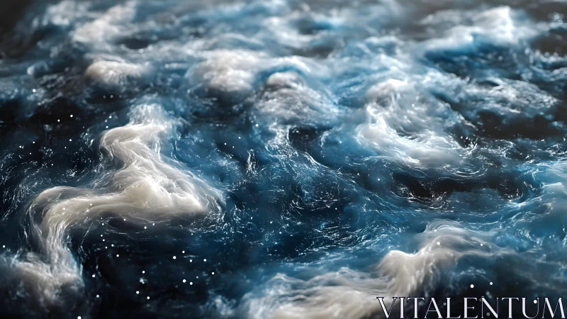Abstract swirling blue and white ocean waves digital artwork.
