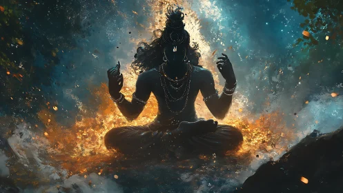 Meditating blue figure sits in firelit smoke with raised hands