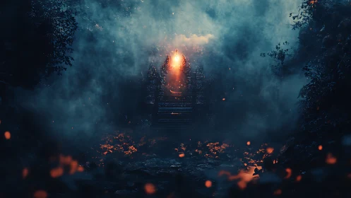 Ancient Citadel Engulfed in Ethereal Fog and Flame.