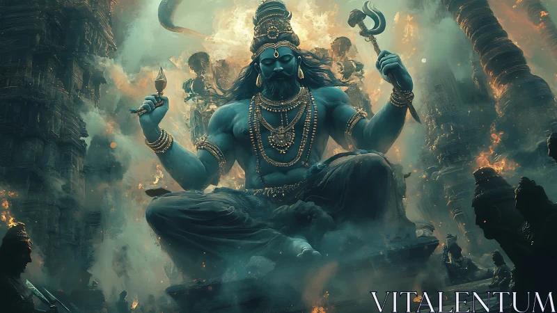 Mythic blue deity amidst burning temple ruins in mist.