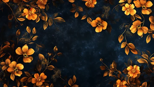 Golden botanical specimens arranged on deep indigo textured background study.