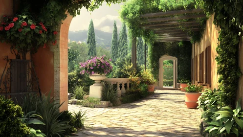 Sunlit Mediterranean terrace garden with vine-covered pergola.