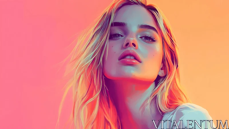 Digital portrait of woman on gradient pink orange background.