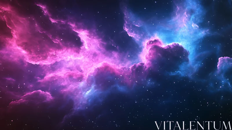 Vibrant pink and blue cosmic nebula over starfield sky.