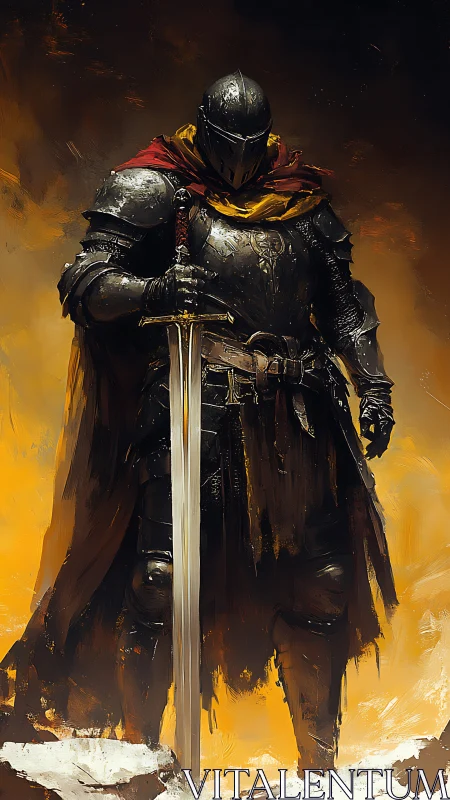 Armored knight grips glowing sword in blazing haze.