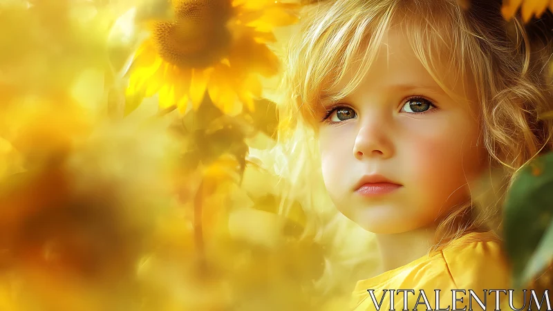 Young Child in Sunflower Field: Soft Focus Portraiture Study.