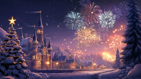 Snowlit castle town under festive winter fireworks display.