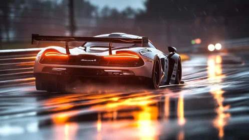 Rain-soaked GT race car powers through glowing night circuit.