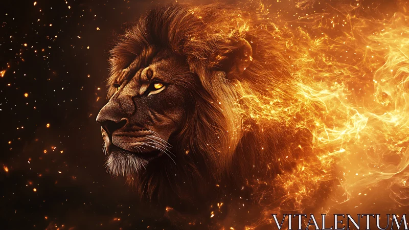 Lion head in profile wrapped in detailed swirling flames.