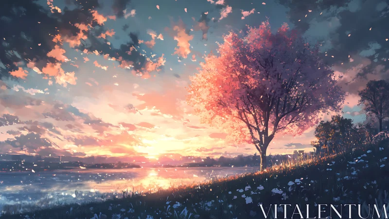 Digital landscape depicts lakeside tree under low sun