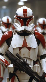 Armored sci fi soldier with blaster in formation line.