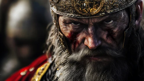 Battle-scarred warrior king in ornate gilded helmet portrait.