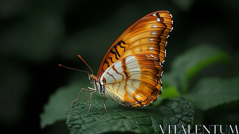 Copper-wing butterfly poised on leaf in deep green bokeh.