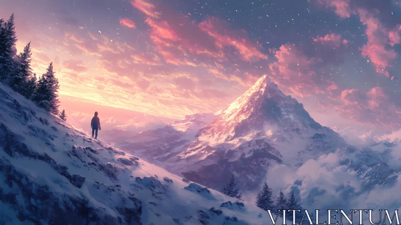 Solitary mountaineer on snow slope at pink twilight sky