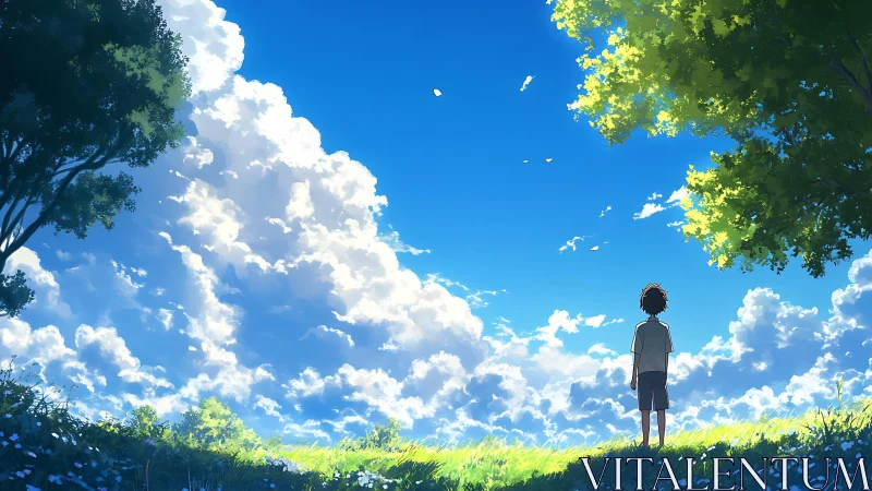 Solitary child in open field under expansive cloudscape.