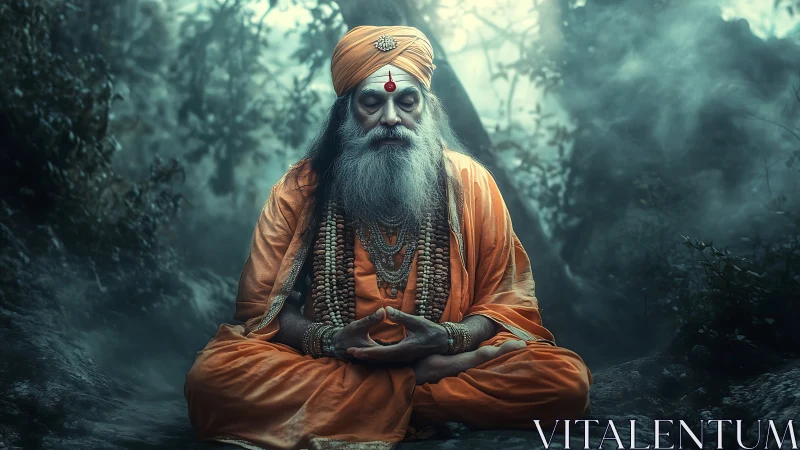 Elderly holy man meditating in misty forest clearing.