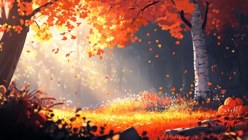 Autumnal Forest Luminescence: Backlighting Foliage Through Birch Trees.