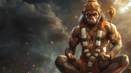 Anthropomorphic warrior deity in seated meditative posture.