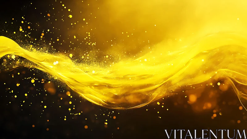 Abstract golden swirl with glowing particles on dark background.