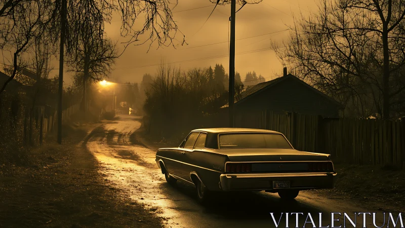Classic sedan on misty backroad at golden hour dusk