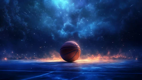 Basketball on glowing court under dramatic night sky.
