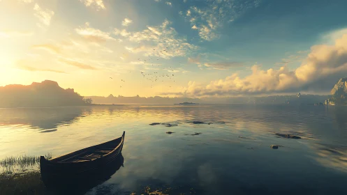 Wooden boat floats silently under golden sunrise light