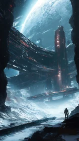 Lone explorer surveys colossal orbital fortress above ice world