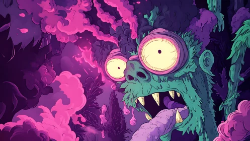Psychedelic monster close-up in neon horror comic style.