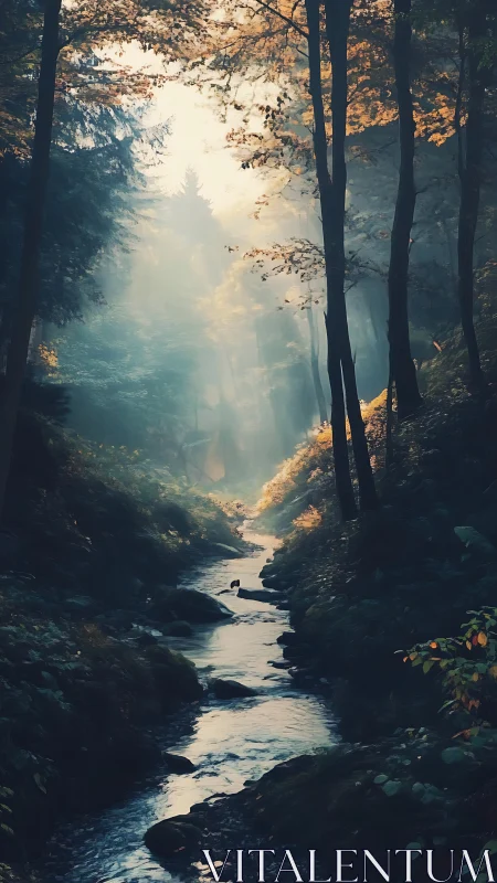 Misty Forest Stream: Autumn Light Through Towering Pines.