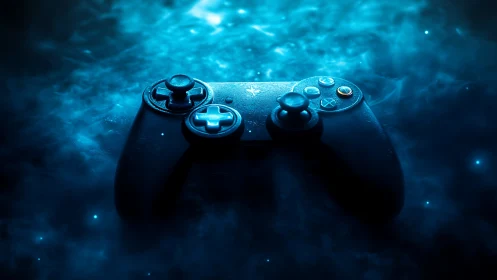 High-contrast gaming controller with luminescent cyan accents against dynamic digital ambient lighti