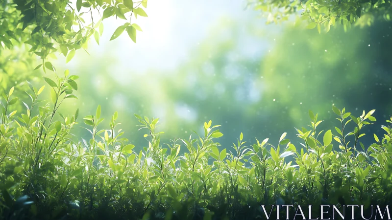 Lush Green Foliage in Soft Sunlight, Peaceful Nature Scene.