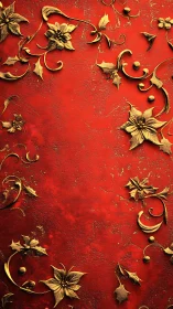 Golden floral ornaments curl across a rich red backdrop.
