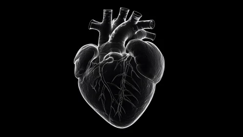 Anatomical Human Heart Illustration in X-ray Style on Black Background.