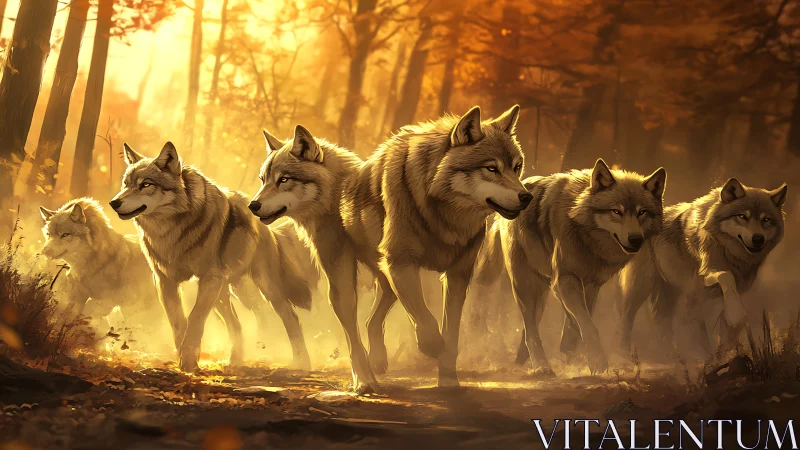 Autumn-lit wolf pack strides through ember-kissed forest haze.