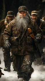 Bearded outdoorsman walking in snow with group behind him.