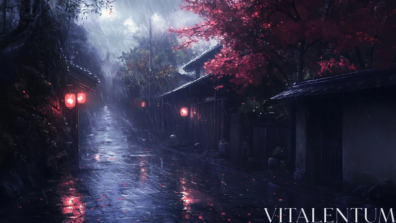 Rain-soaked alley shows red lanterns and wet stone path