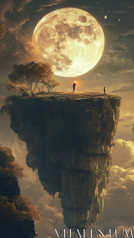 Floating cliff with figures under large illuminated moon.