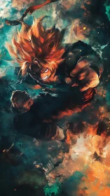 Character moves forward through turbulent abstract energy field