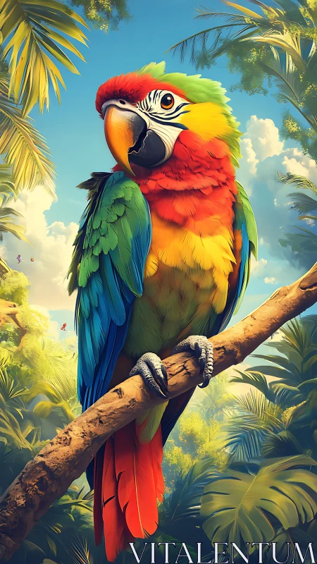 Vibrant jungle parrot gazes calmly across a sunlit canopy