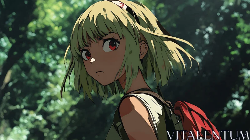 Anime hiker girl with red backpack in dense forest setting.