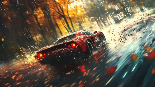 Red sports car traverses wet forest road in autumn rain