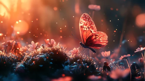 Twilight meadow monarch pausing amid glowing ember petals.